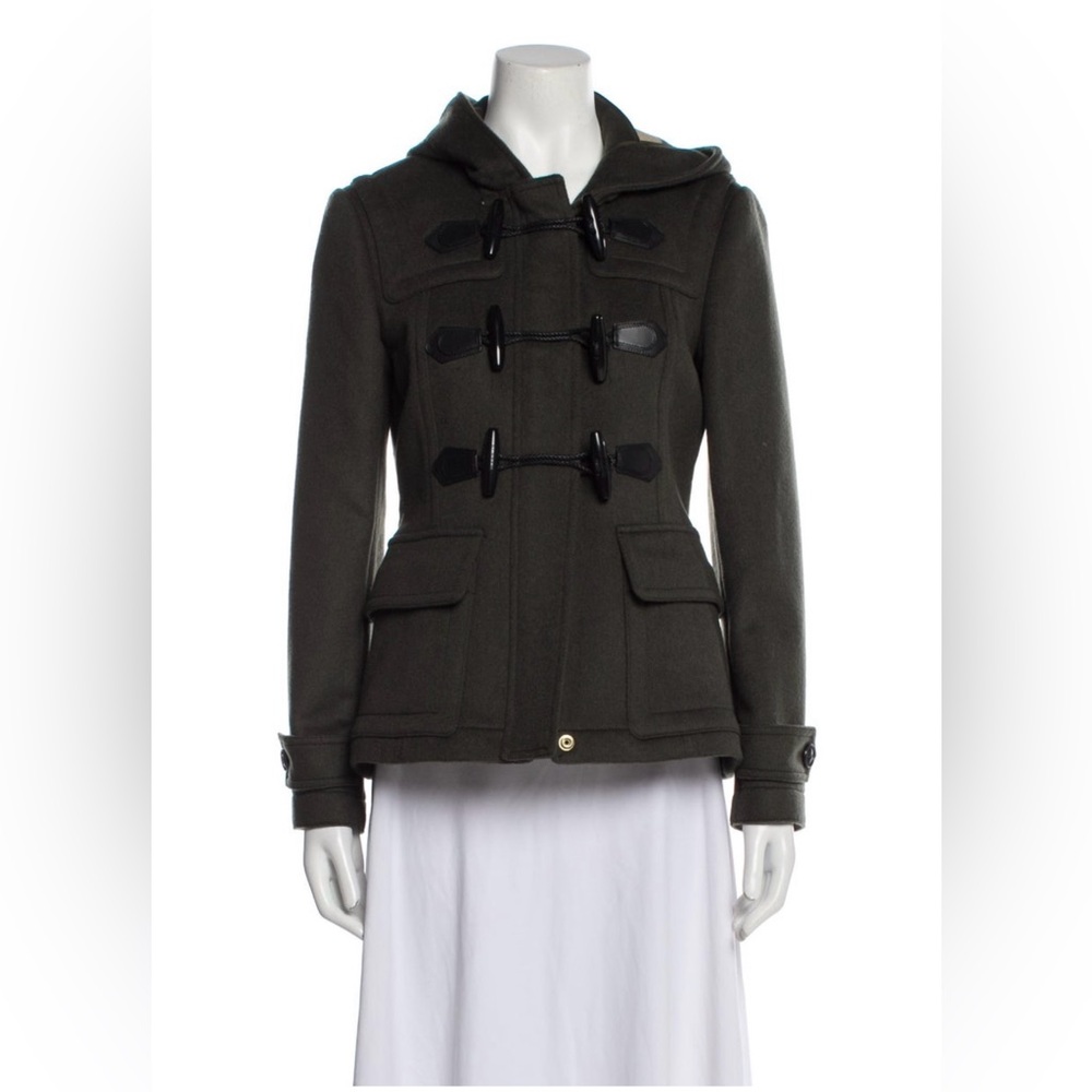 Burberry Wool Green Utility Jacket with Hood and Toggle Closures
